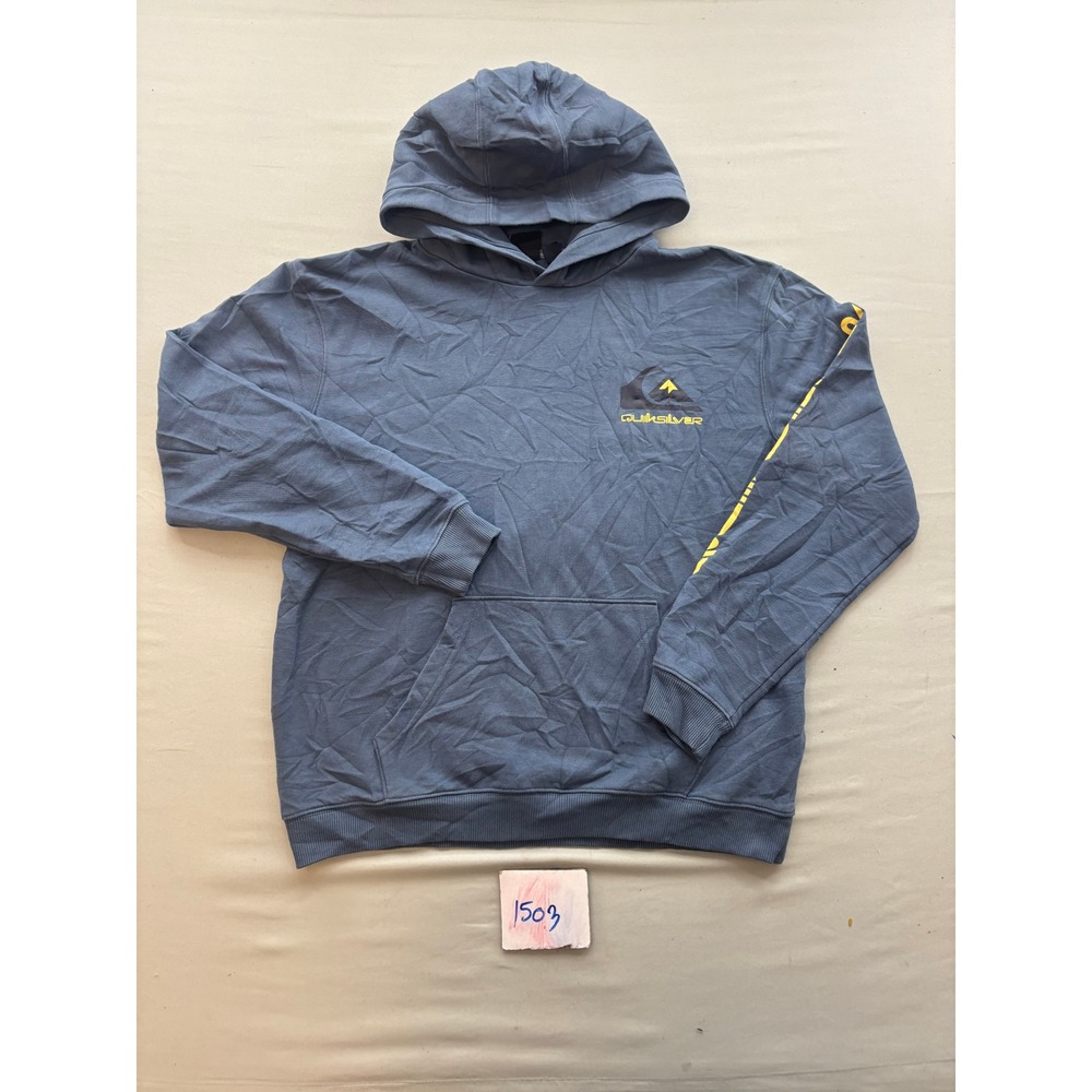 Quiksilver Mens Hoodie Blue Graphic Sleeve Logo Pullover Sweatshirt Size XL